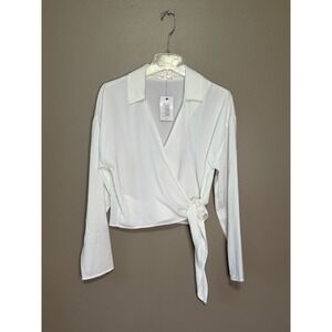 NWT Intempo White Long Sleeve Front Tie Blouse V-Neck Top Size Large